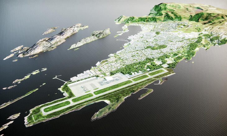 Dette er en 3D-modellering av hvordan Bodø kan se ut når Hernes er ferdig utbygd.