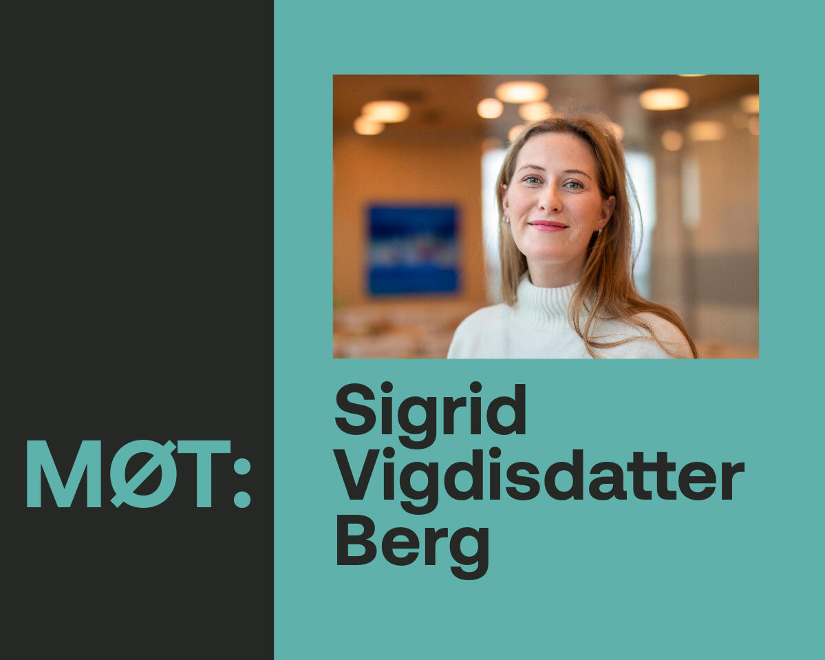 Portrettbilde i en ramme som også viser teksten Møt: Sigrid Vigdisdatter Berg