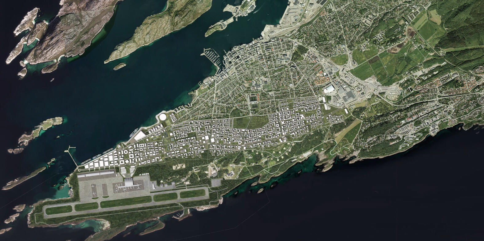 Illustrasjon/kart/oversiktsbilde som viser plasseringen av flystripa i dag framtida